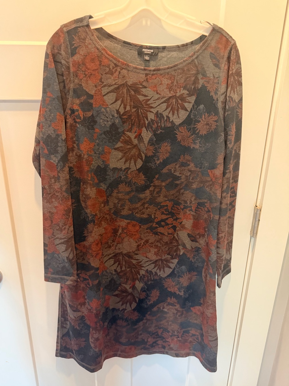 Premise Charcoal Rust Floral Long Sleeve Shift Dress Boho Size Large